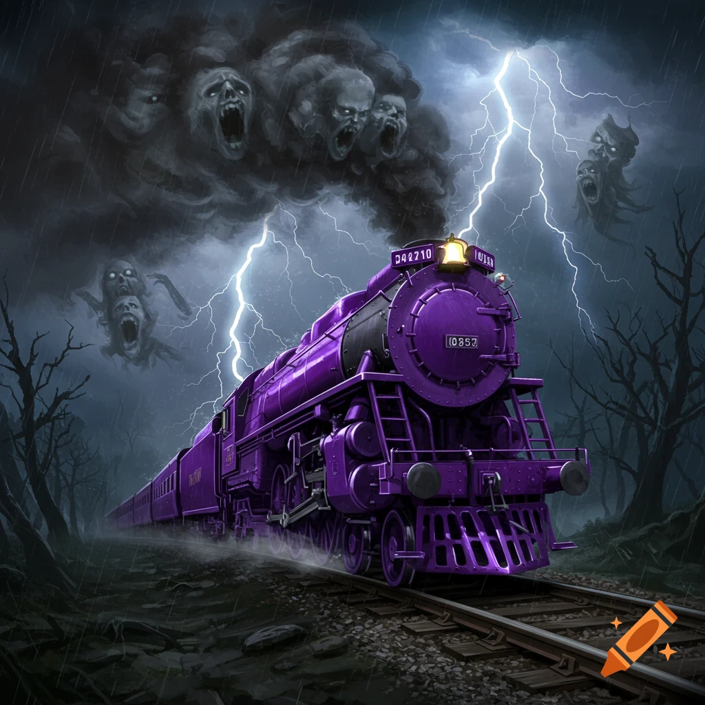 A vibrant purple train speeds through a dark, stormy landscape with ghostly faces in the smoke and lightning strikes.