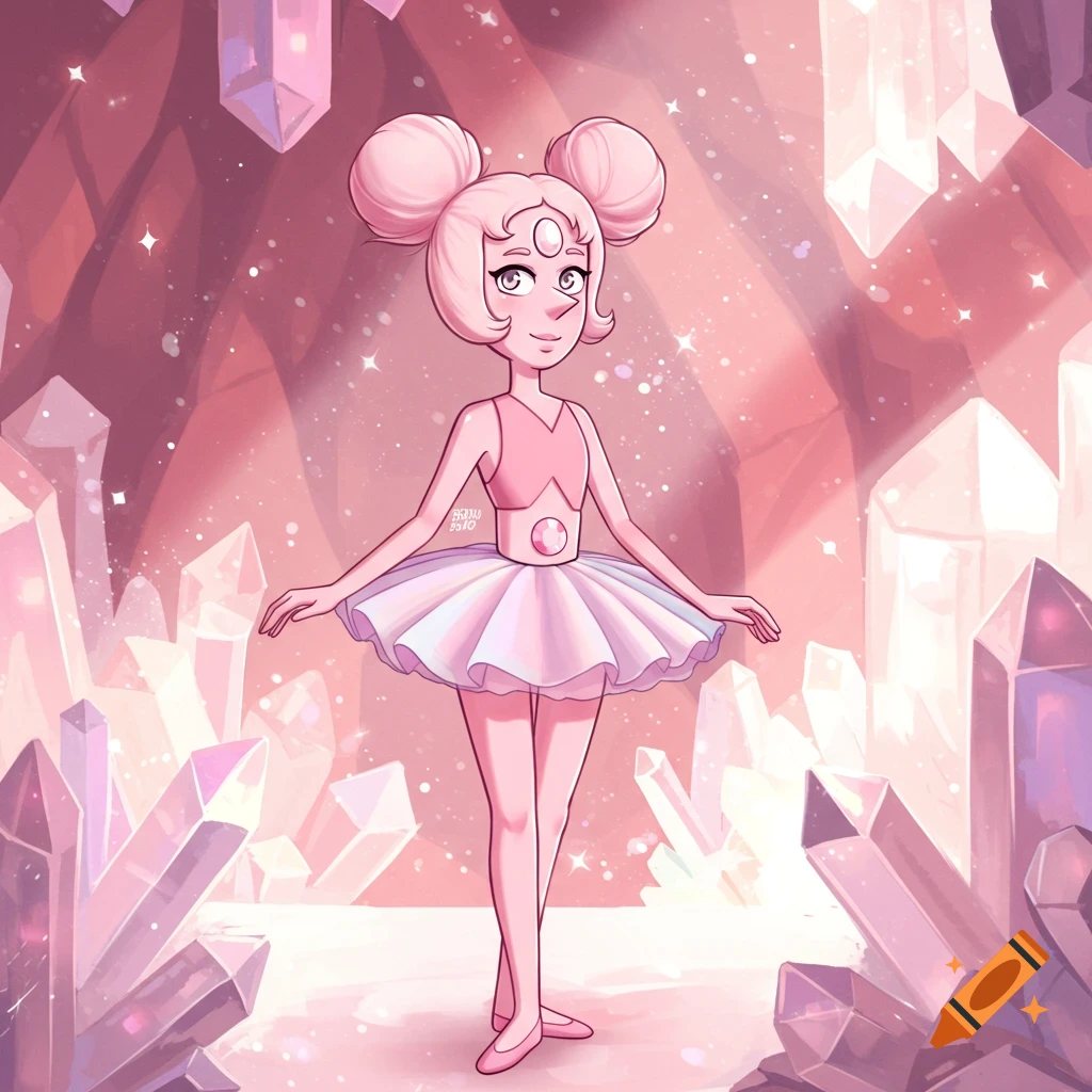 Pink Pearl-like cartoon character in a tutu stands gracefully among shimmering pink crystals in a cave.