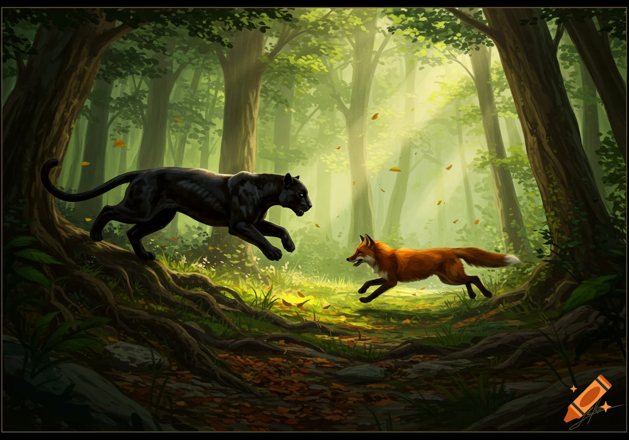 A black panther and a red fox running through a sun-dappled, stylized forest.