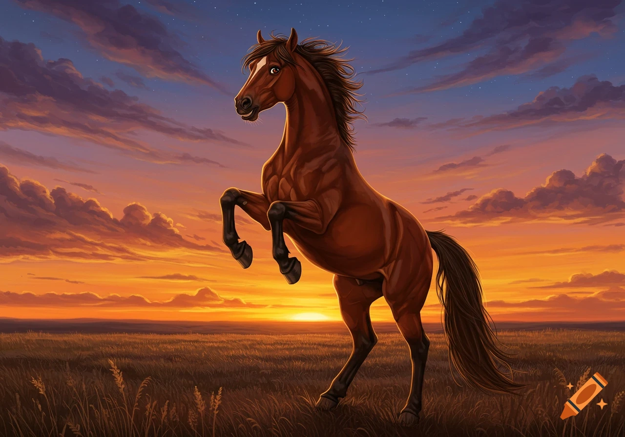 A brown horse rears up in a grassy field against a vibrant orange and purple sunset sky, digital art.