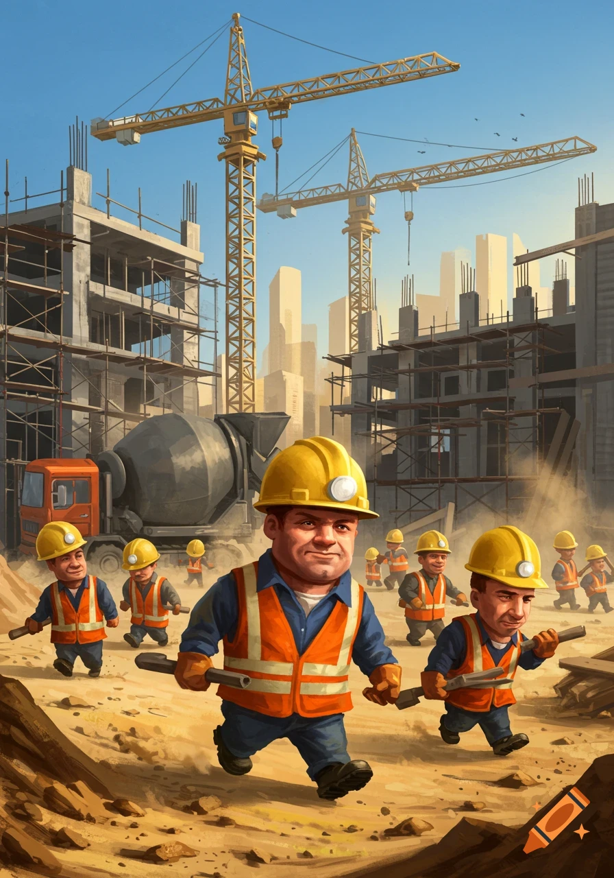Cartoon construction workers in hard hats and orange vests run across a dusty site with cranes and buildings in the background.