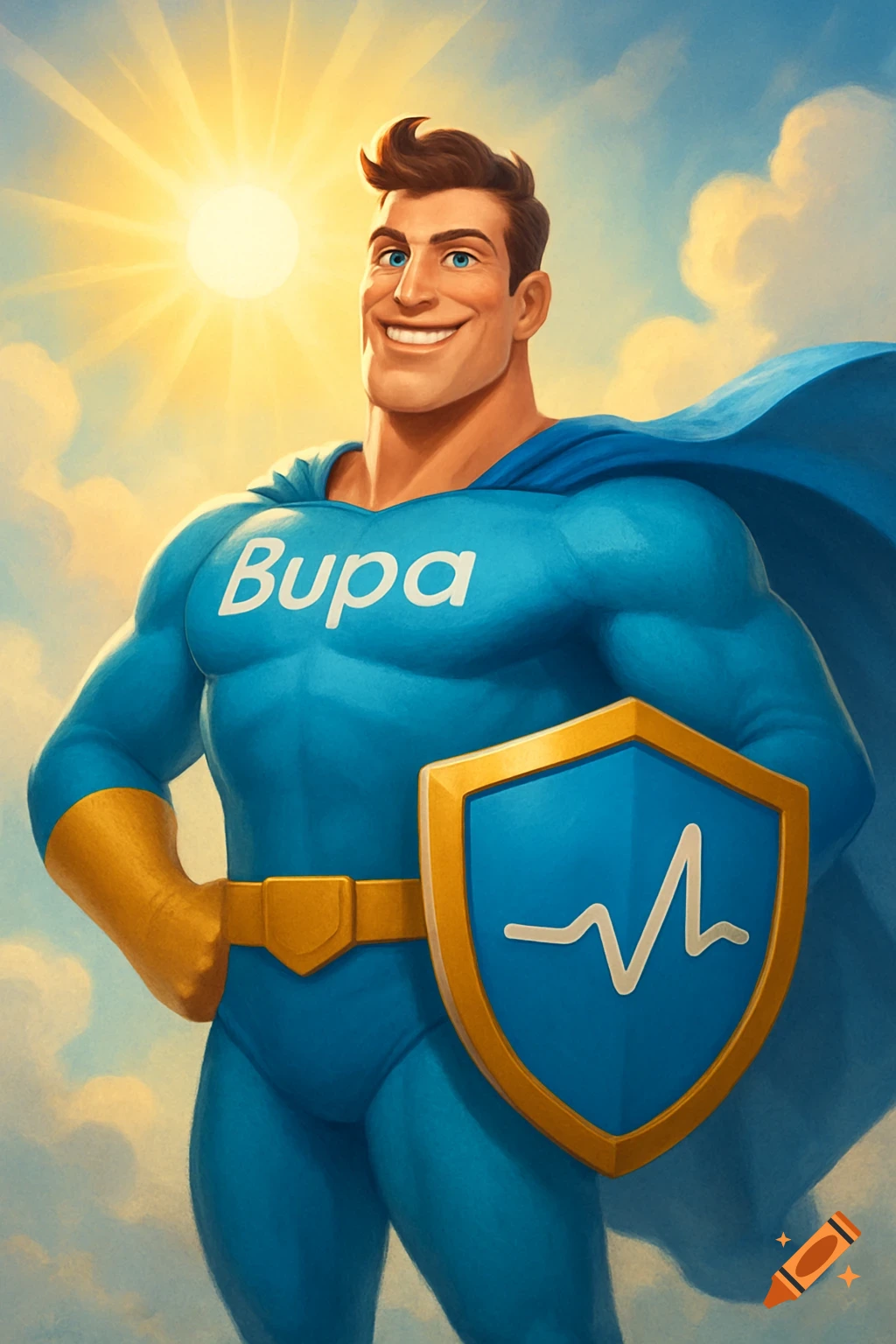 Smiling blue superhero with 'Bupa' on his chest and a shield with a heartbeat symbol, standing heroically against a sunny, cloudy sky. Illustration.