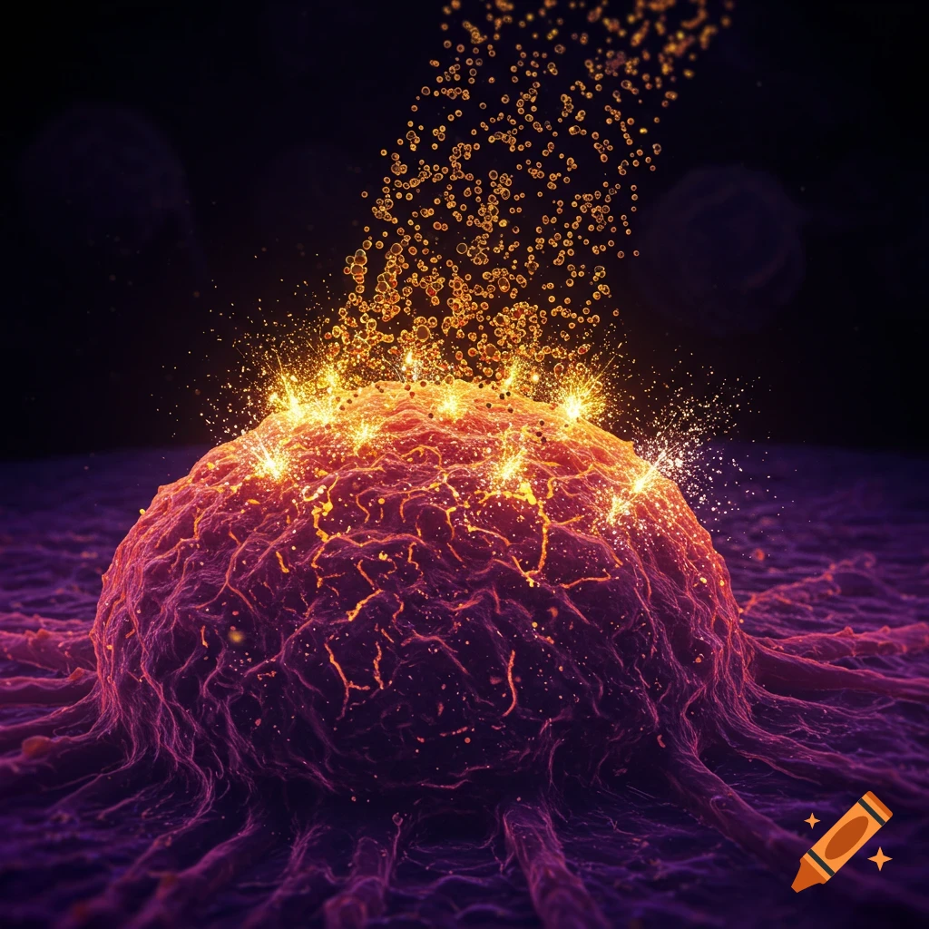 3D scientific illustration of a purple cancer cell being bombarded by glowing golden nanoparticles causing fiery explosions on its surface.