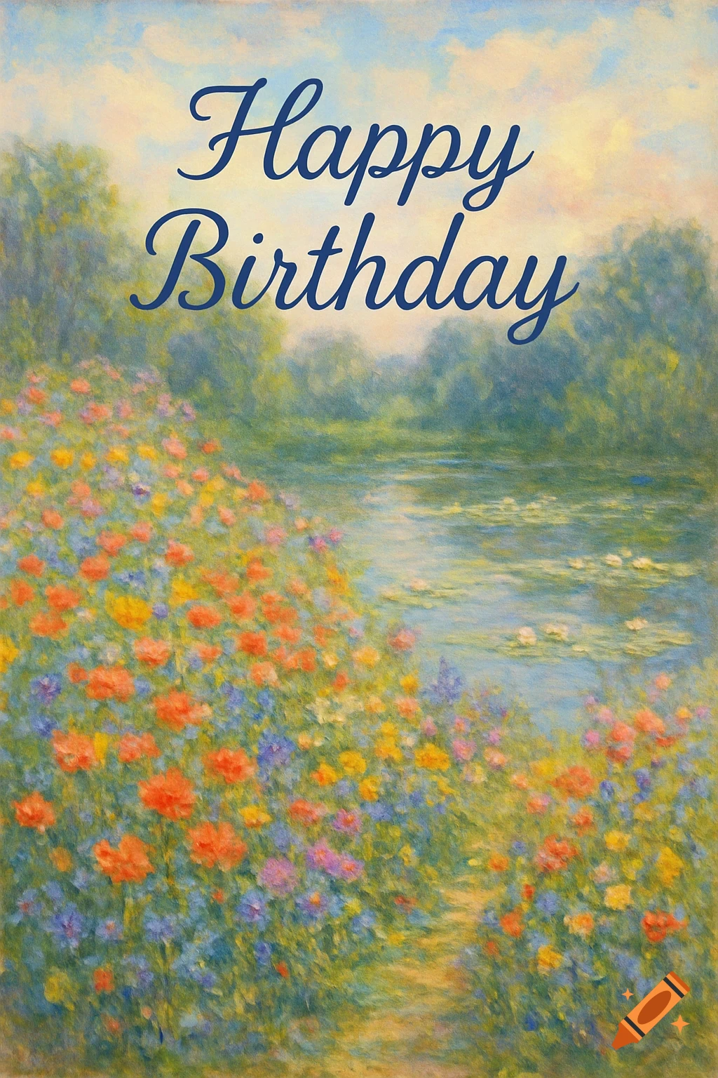 Impressionist painting of a vibrant wildflower garden by a serene pond under a pastel sky, with 'Happy Birthday' text.