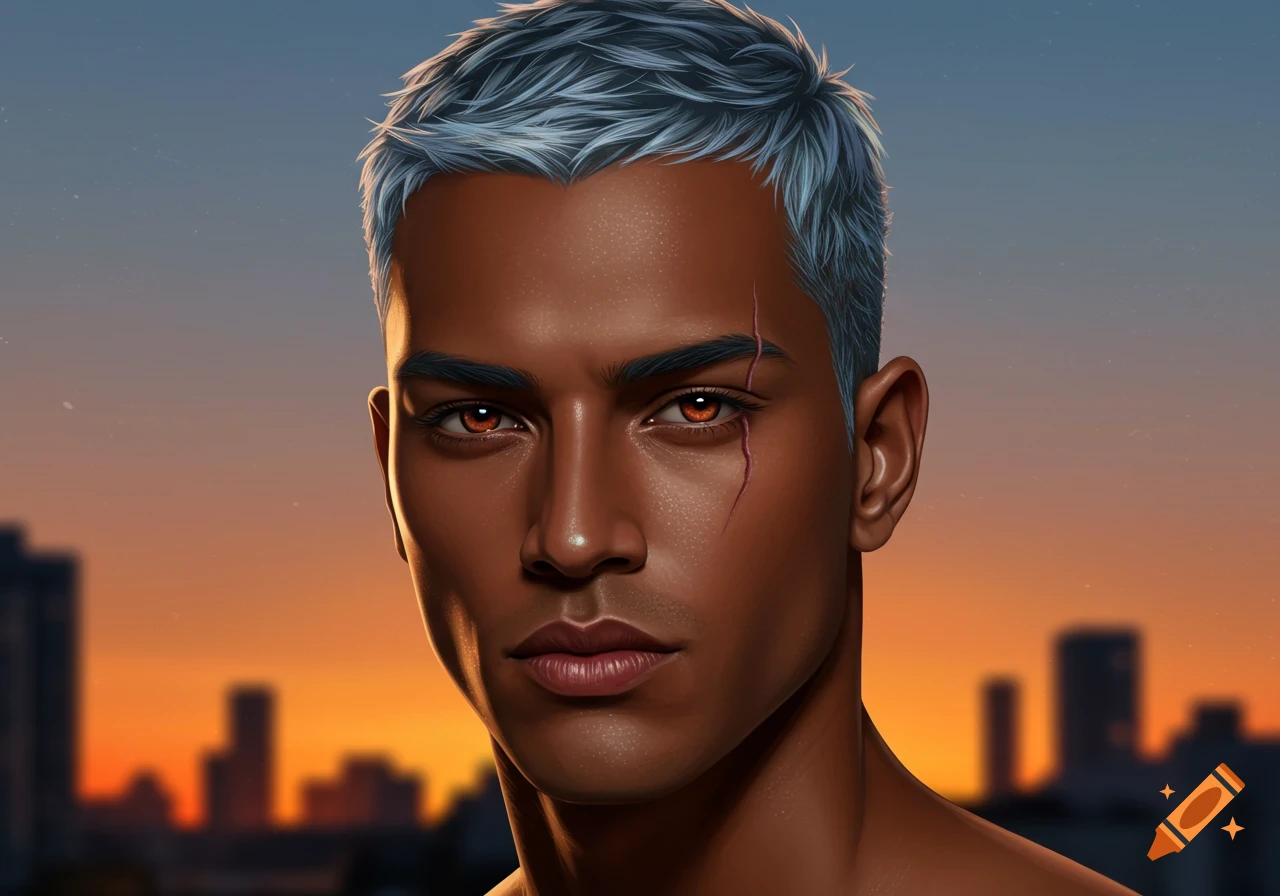 A digital art portrait of a man with dark skin, short grey-blue hair, orange eyes, and a scar above his left eye, set against a blurry city skyline at sunset.