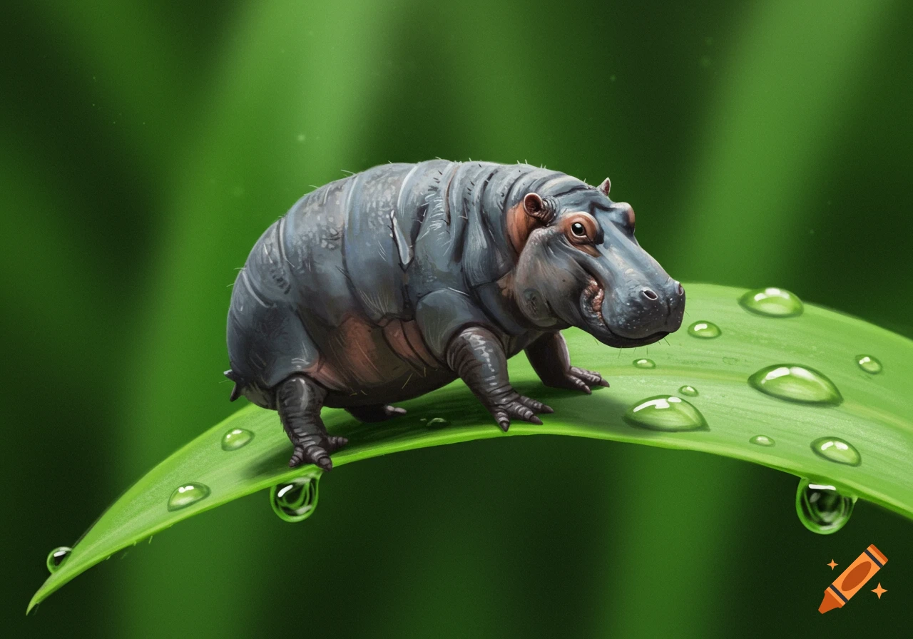 A tiny, dark gray hippo with pink ears stands on a large green leaf with water droplets, against a soft green background.