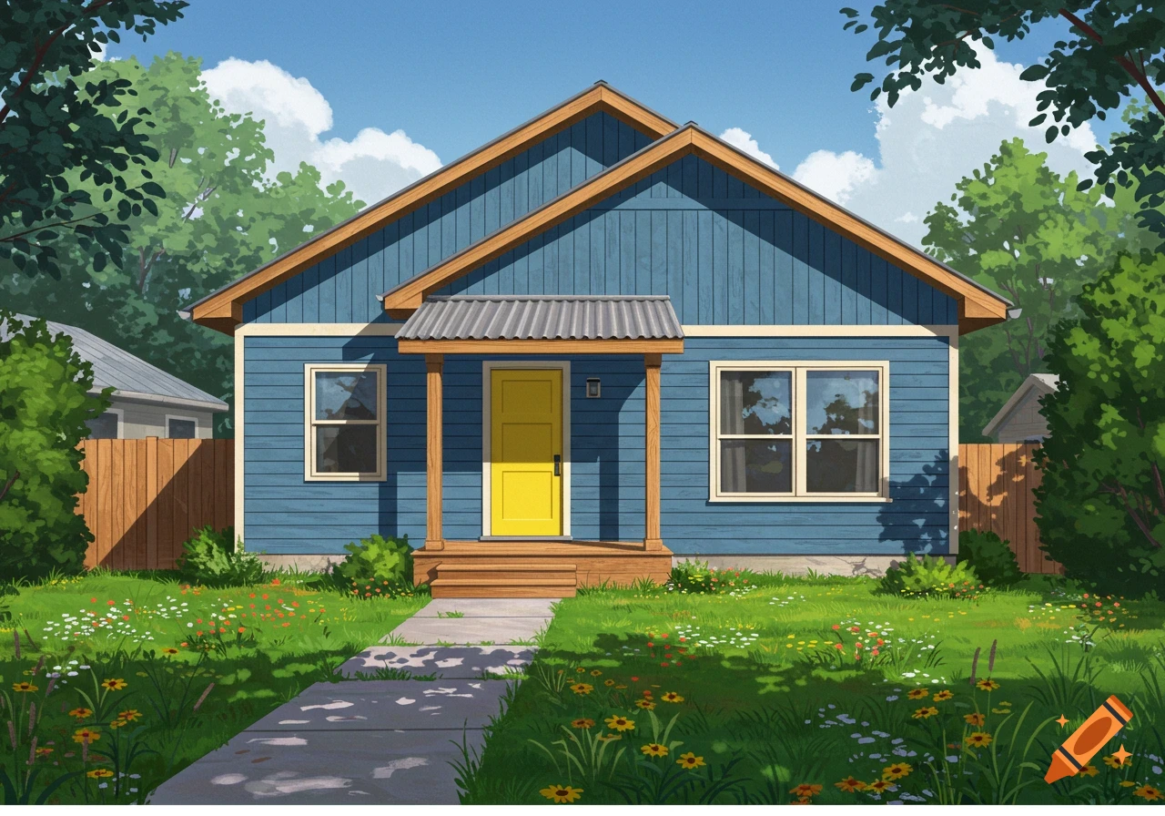 Illustrated blue bungalow house with a yellow front door, a small porch, and a green lawn with wildflowers under a blue sky.
