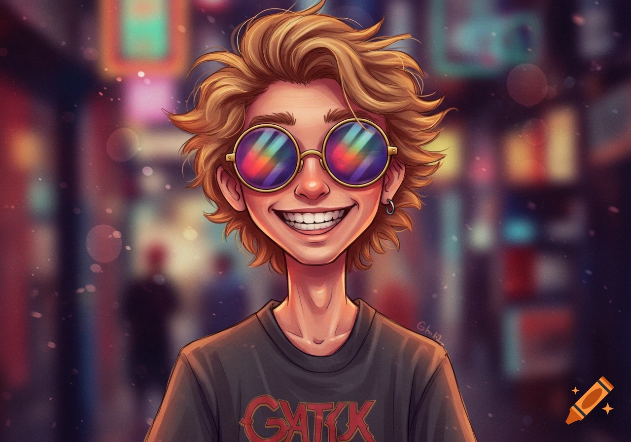 Cartoon portrait of a smiling blonde-haired guy in rainbow sunglasses and a dark band t-shirt, set against a blurry city night background.