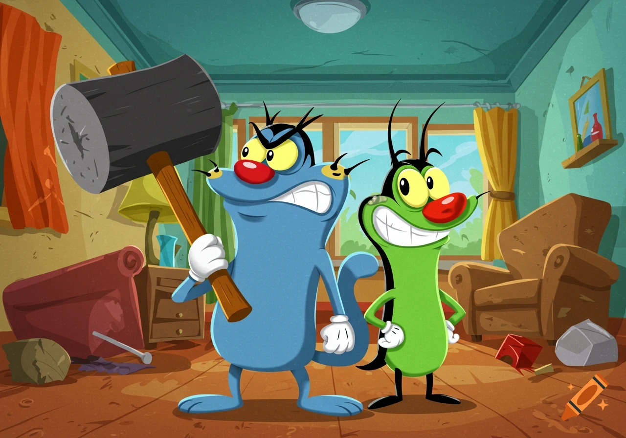 Angry blue cartoon cat Oggy holding a large hammer, with a smiling green cartoon cat Jack beside him in a messy room.