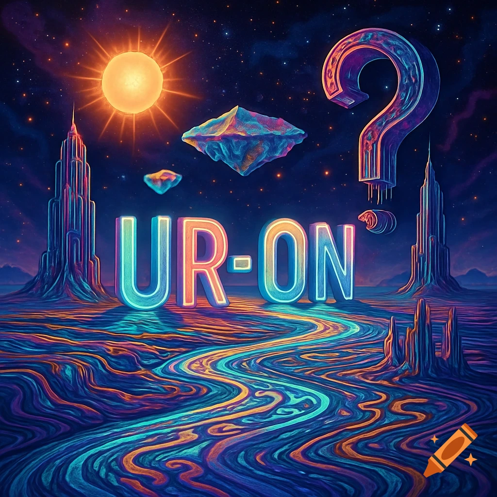 A vibrant, surreal cosmic landscape with glowing neon letters spelling "UR-ON", floating islands, tall alien structures, and a river of liquid light under a bright sun and starry sky.