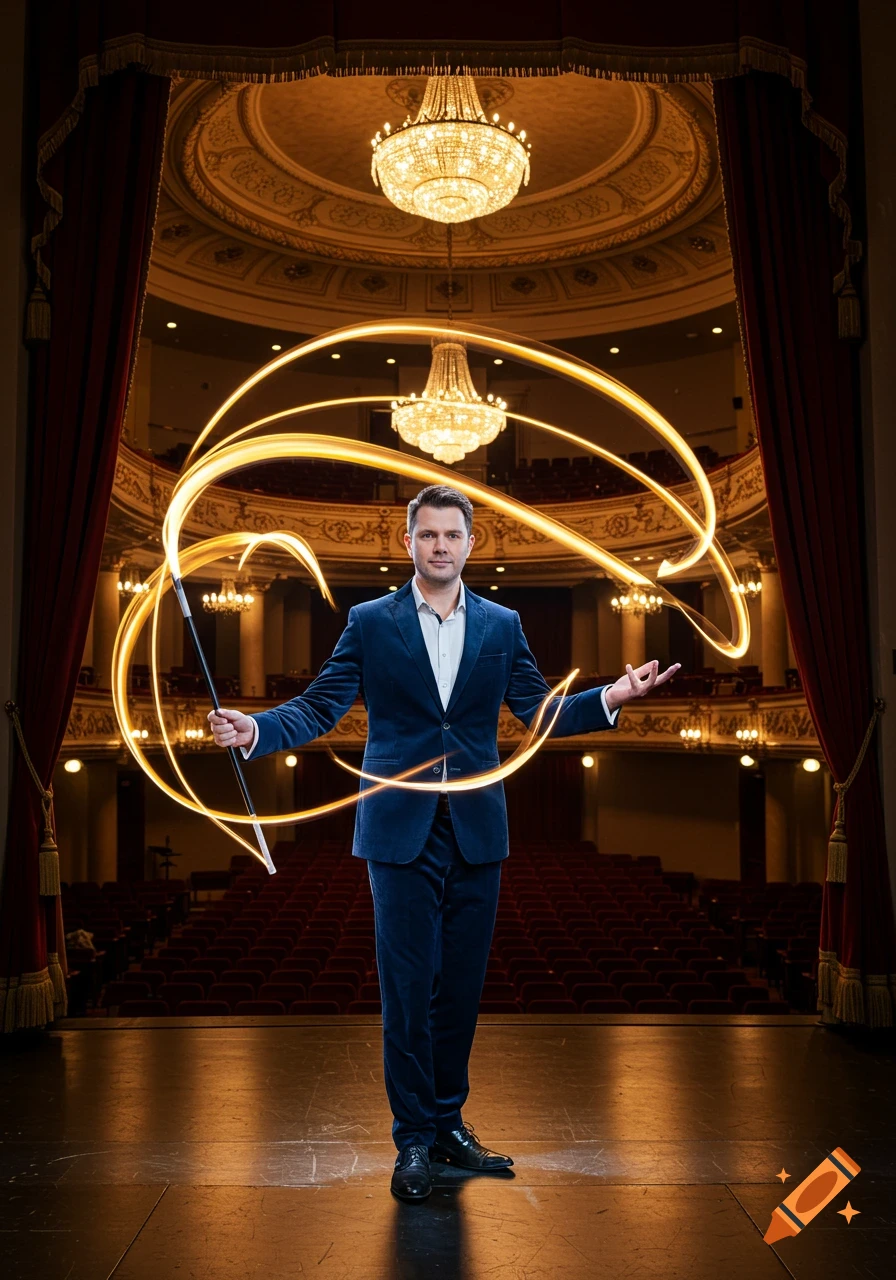 A male magician in a blue suit stands on a theater stage, holding a wand that generates swirling golden light trails around him. An empty theater with chandeliers is in the background.