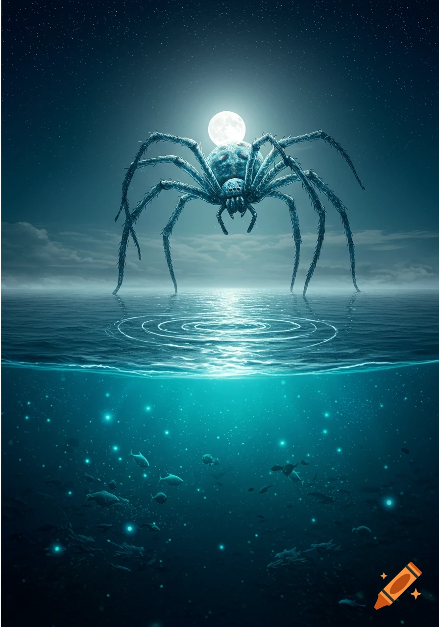A giant spider stands on the surface of a moonlit ocean, with luminous deep-sea life visible below.