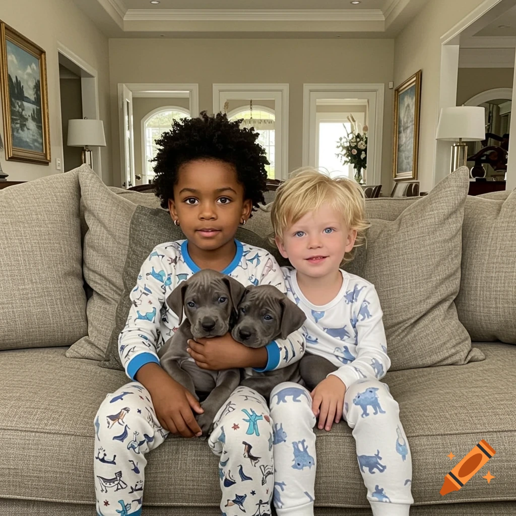 Two young boys in pajamas, one with dark curly hair holding two grey puppies, the other with blonde hair, sit on a couch.