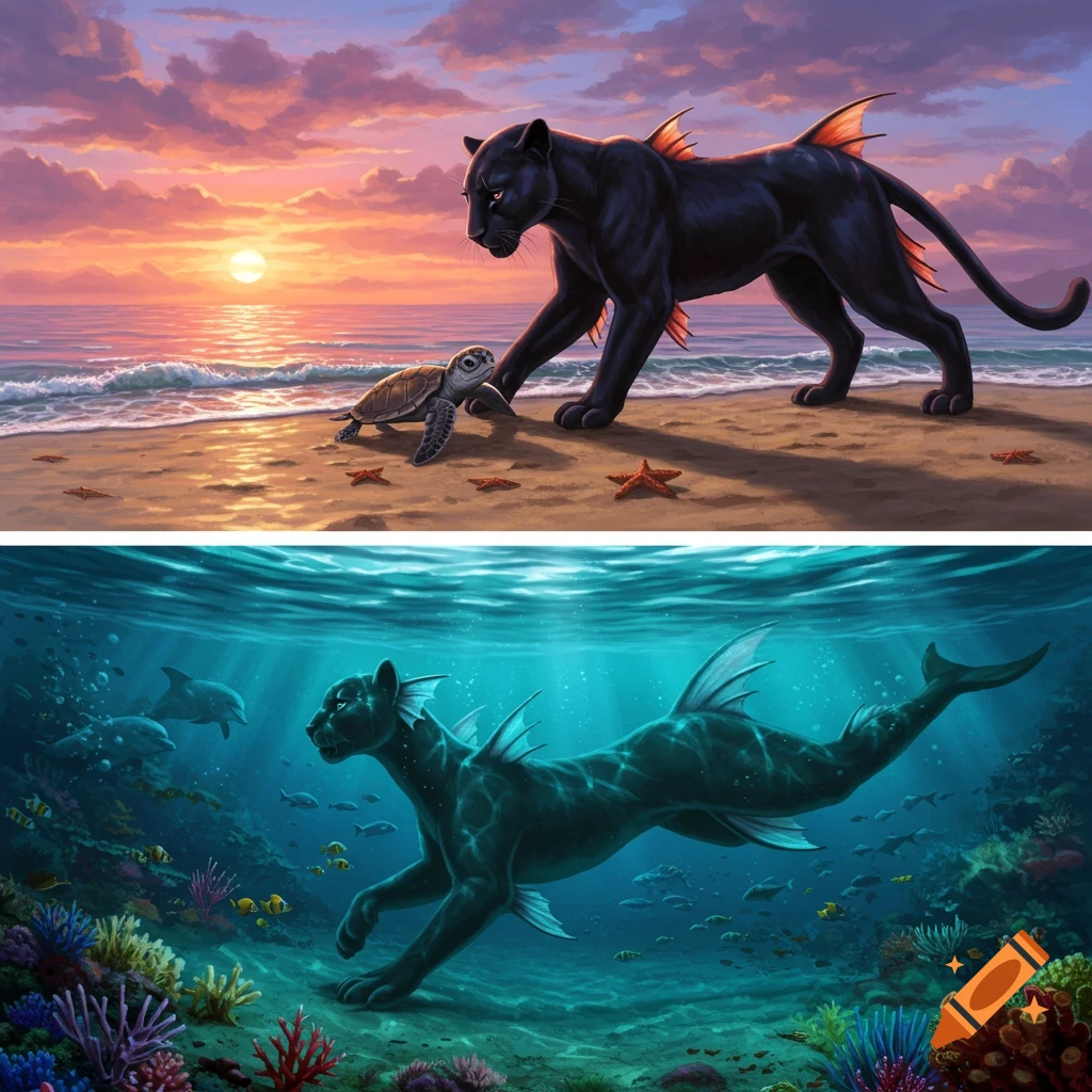 A black panther-like creature with fins interacts with a baby sea turtle on a sunset beach and swims underwater with dolphins in a coral reef.