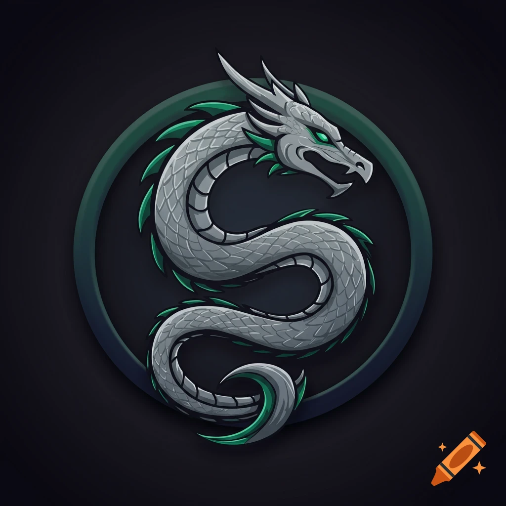 Stylized grey dragon with green accents coiled in a dark green circle on a black background.