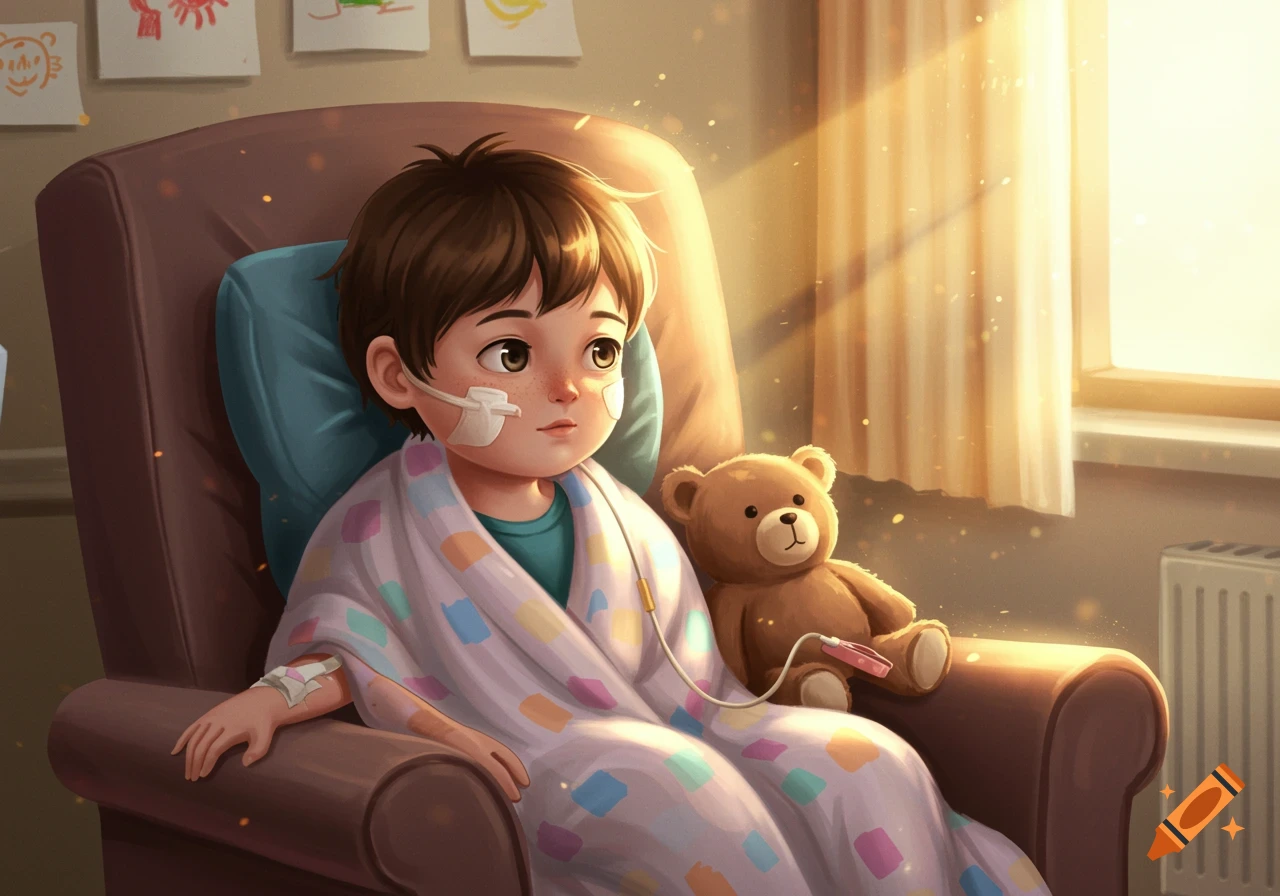 A young child with medical tubes and an IV sits in an armchair with a teddy bear, bathed in warm sunlight from a window.