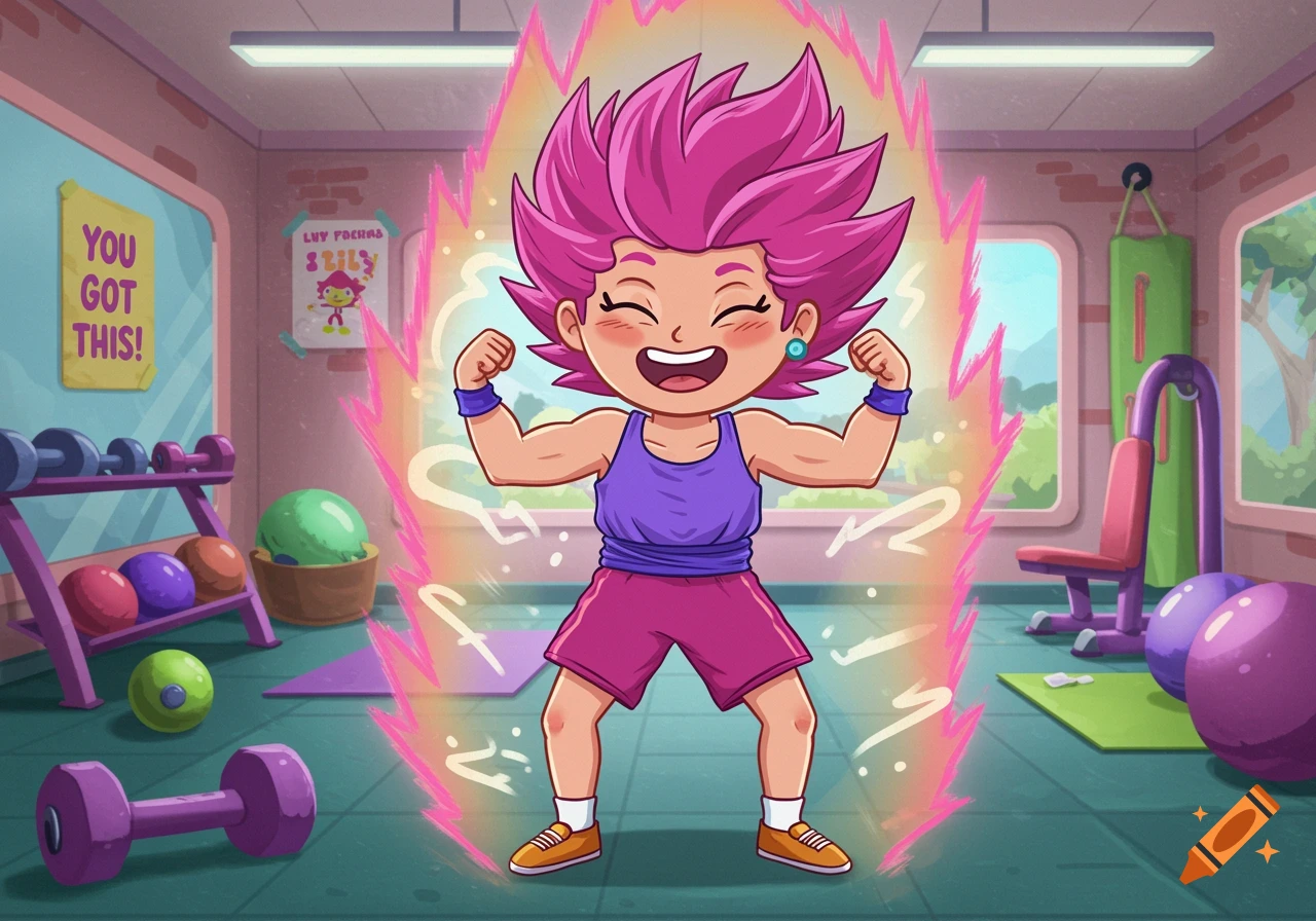 A cartoon girl with pink spiky hair flexes her muscles in a gym, surrounded by a pink aura.