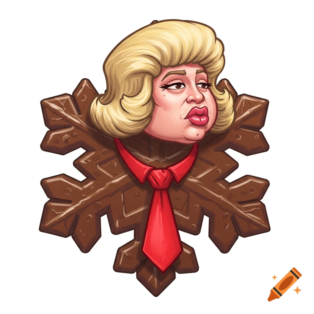 Cartoon caricature of a person with blonde hair and puckered lips, wearing a red tie, integrated into a chocolate snowflake design.