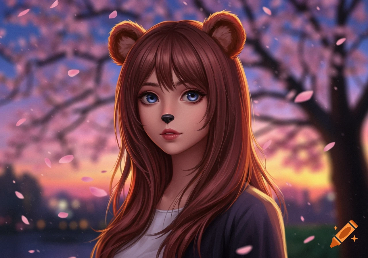 Anime girl with bear ears and nose, blue eyes, brown hair, looking forward amidst cherry blossoms at sunset.