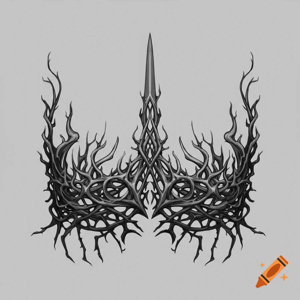 Dark fantasy symbol of a gnarled, spiky crown made of twisted branches or roots on a light grey background.