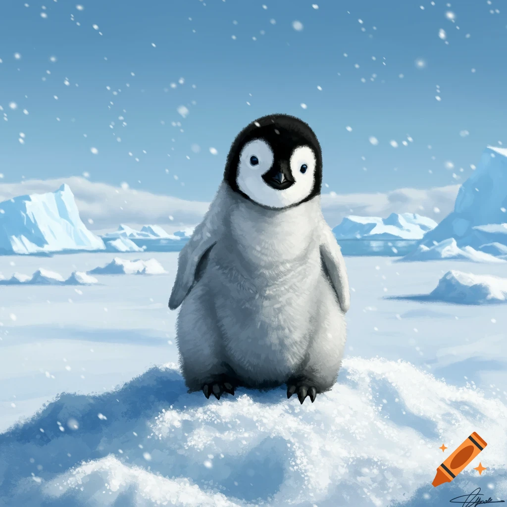 A fluffy baby penguin stands on a snowdrift in a snowy arctic landscape with icebergs, illustration.