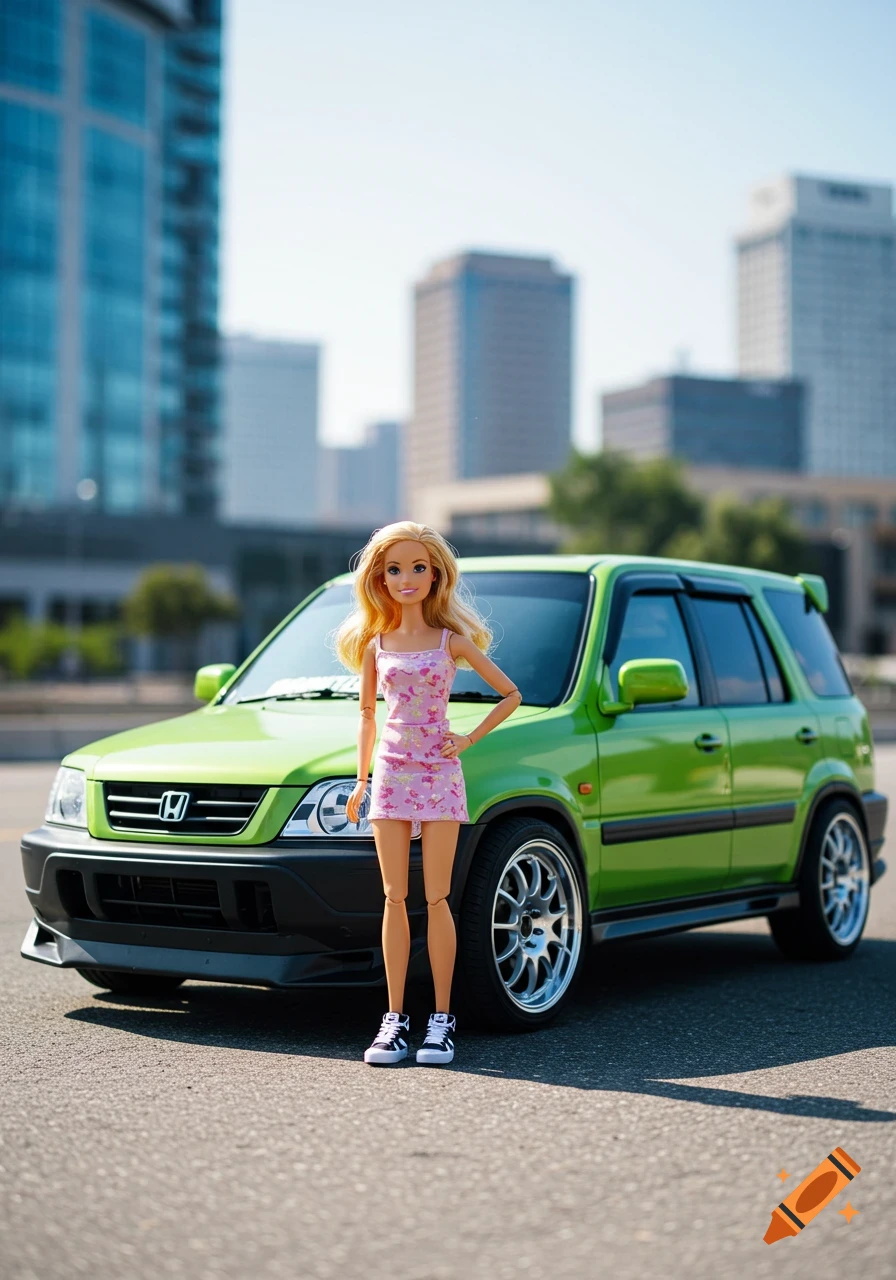 A Barbie doll in a pink dress and sneakers poses next to a bright green Honda CRV on an urban street.