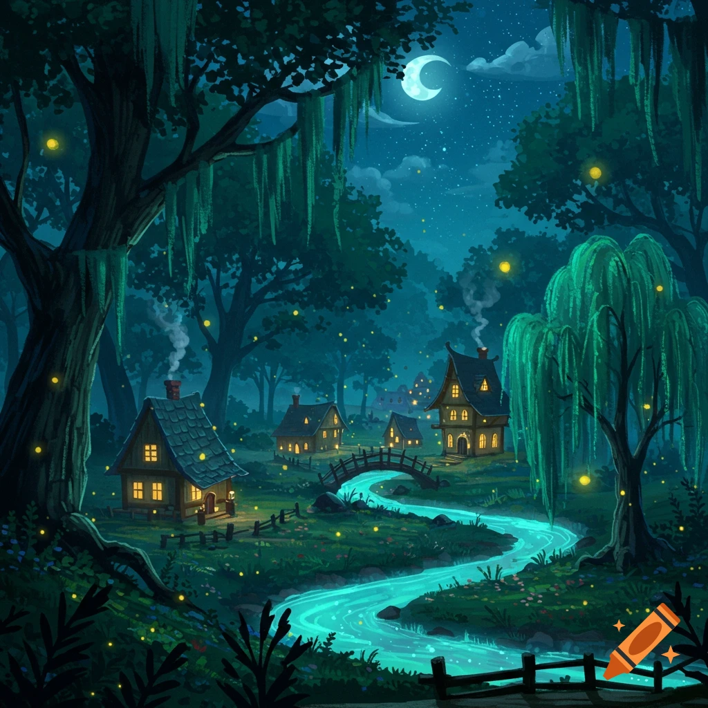 A magical forest village at night with glowing houses, a luminous river, fireflies, and a crescent moon in a stylized illustration.