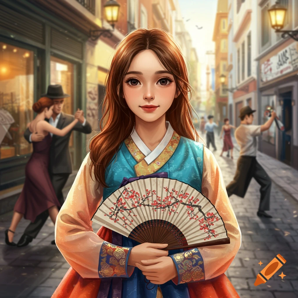 A young woman with long brown hair in a vibrant Korean hanbok holds a fan on a busy, sunlit street with people and buildings.