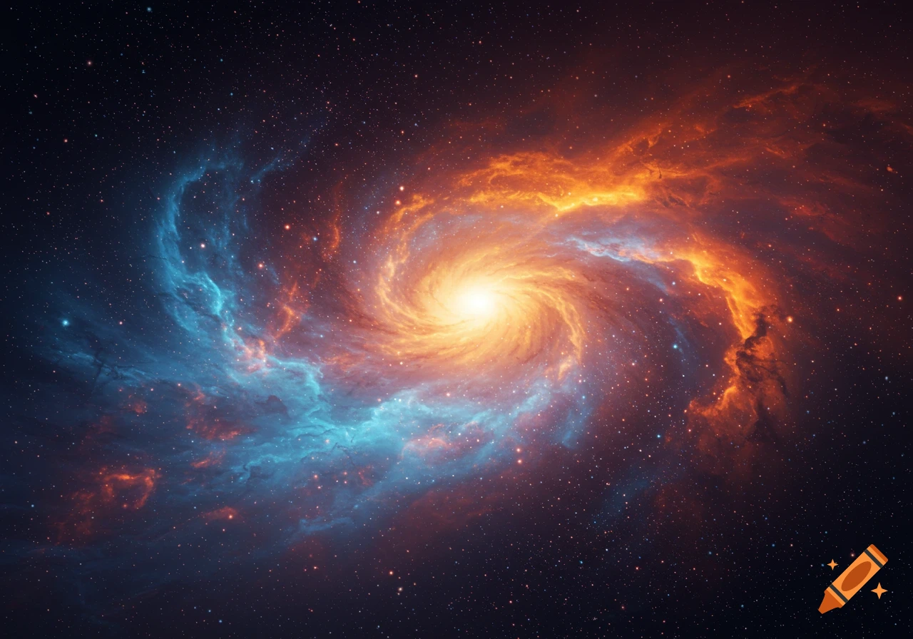 A colorful galaxy with a bright core, swirling blue and orange nebulas, set against a star-filled dark space.