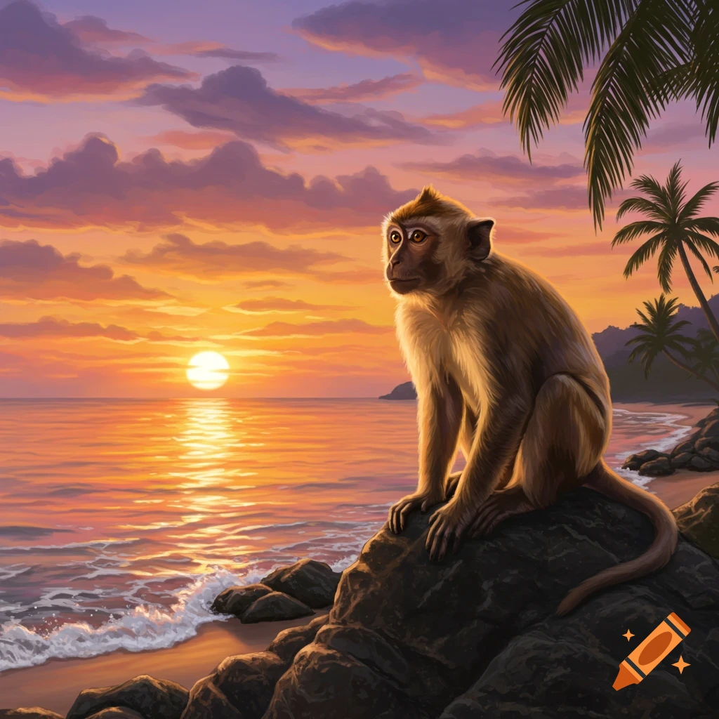 A monkey sits on rocks at a tropical beach, observing a vibrant orange and purple sunset over the ocean, with palm trees in the background.