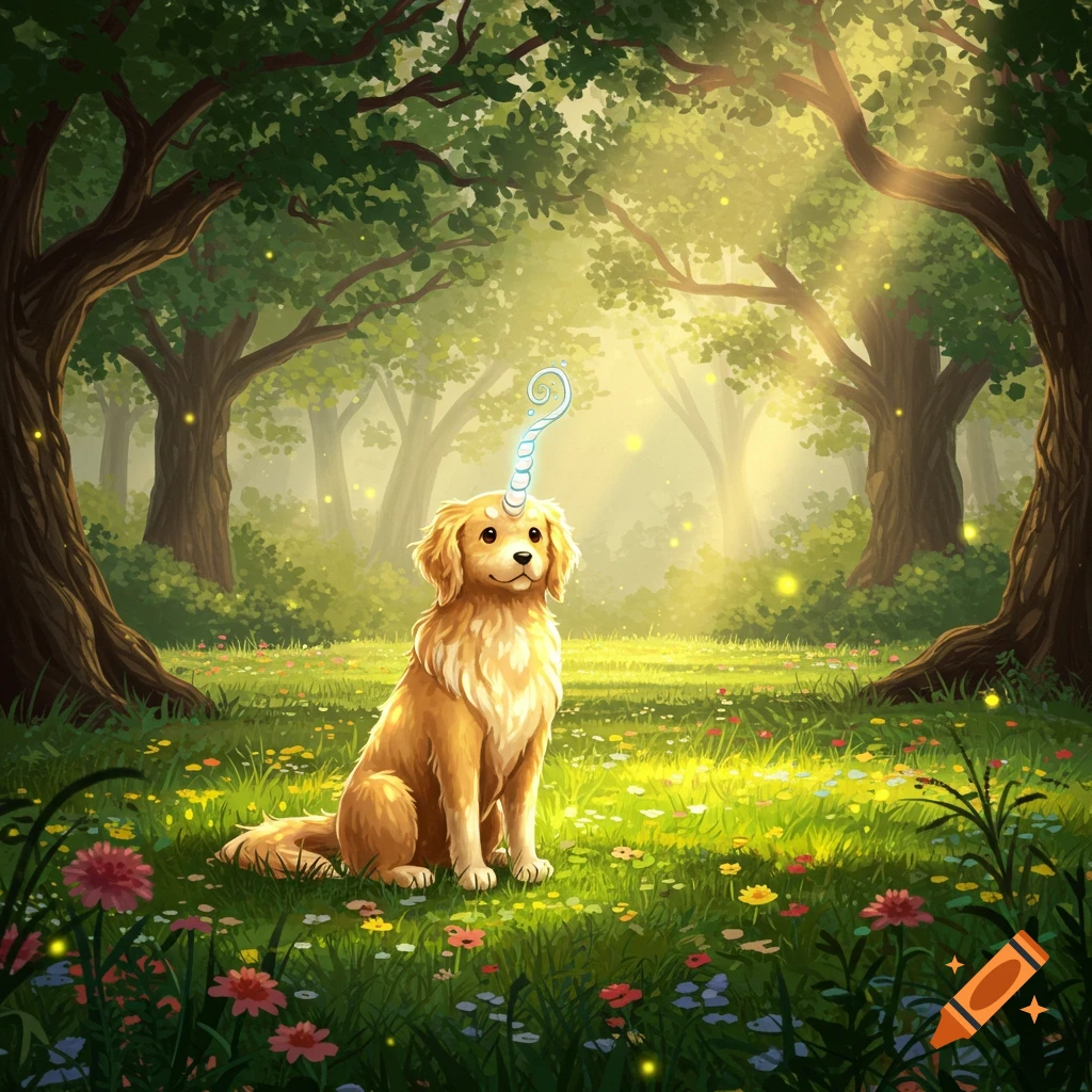 A golden retriever puppy with a glowing unicorn horn sits in a sunlit magical forest amidst colorful flowers.