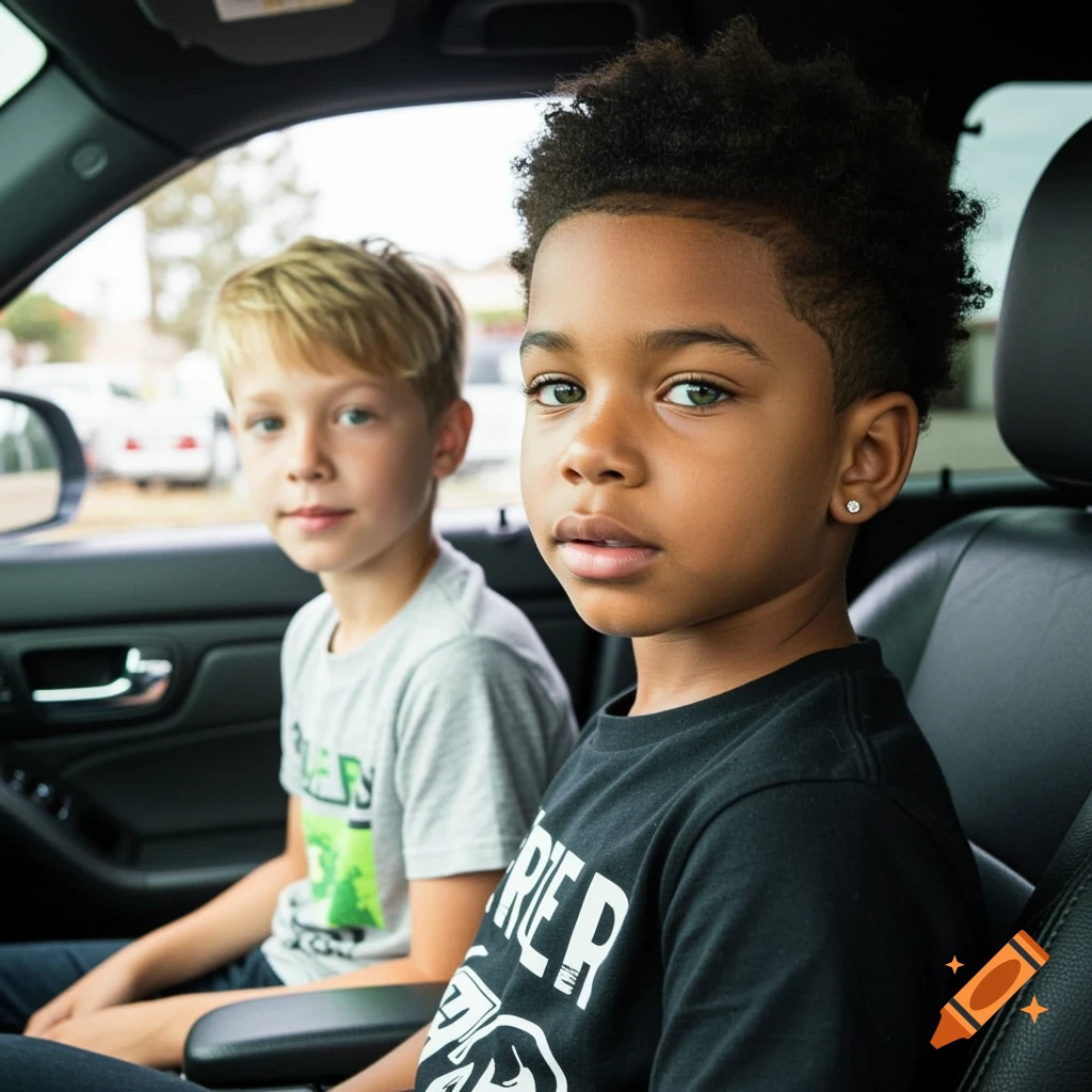 Two young boys, one with an afro and green eyes, the other with blonde hair, sit in a car. Photorealistic style.
