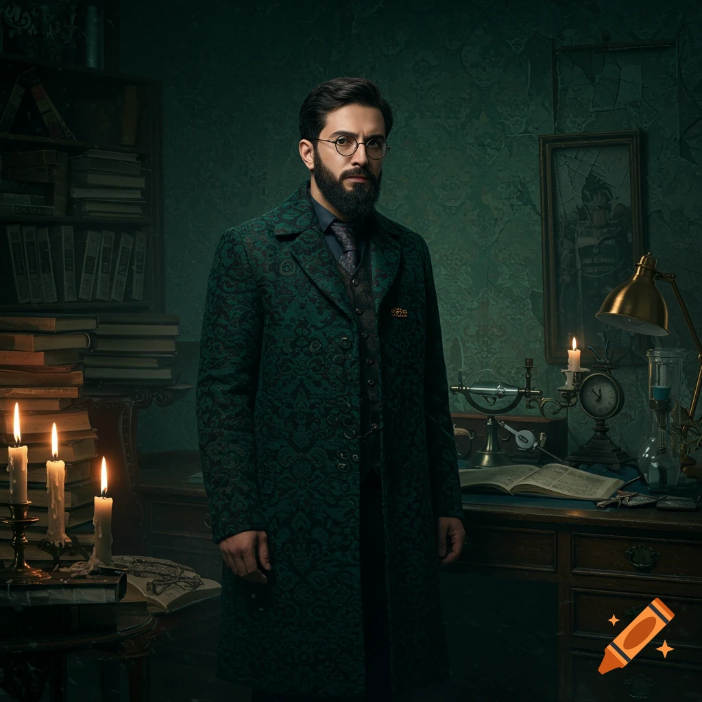 A bearded man in a dark green patterned coat and glasses stands in a dimly lit, old-fashioned study with books and scientific instruments.