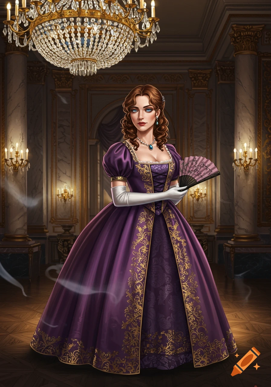 Illustrated woman in a purple regency gown with gold trim, holding a fan in a grand ballroom under a chandelier.