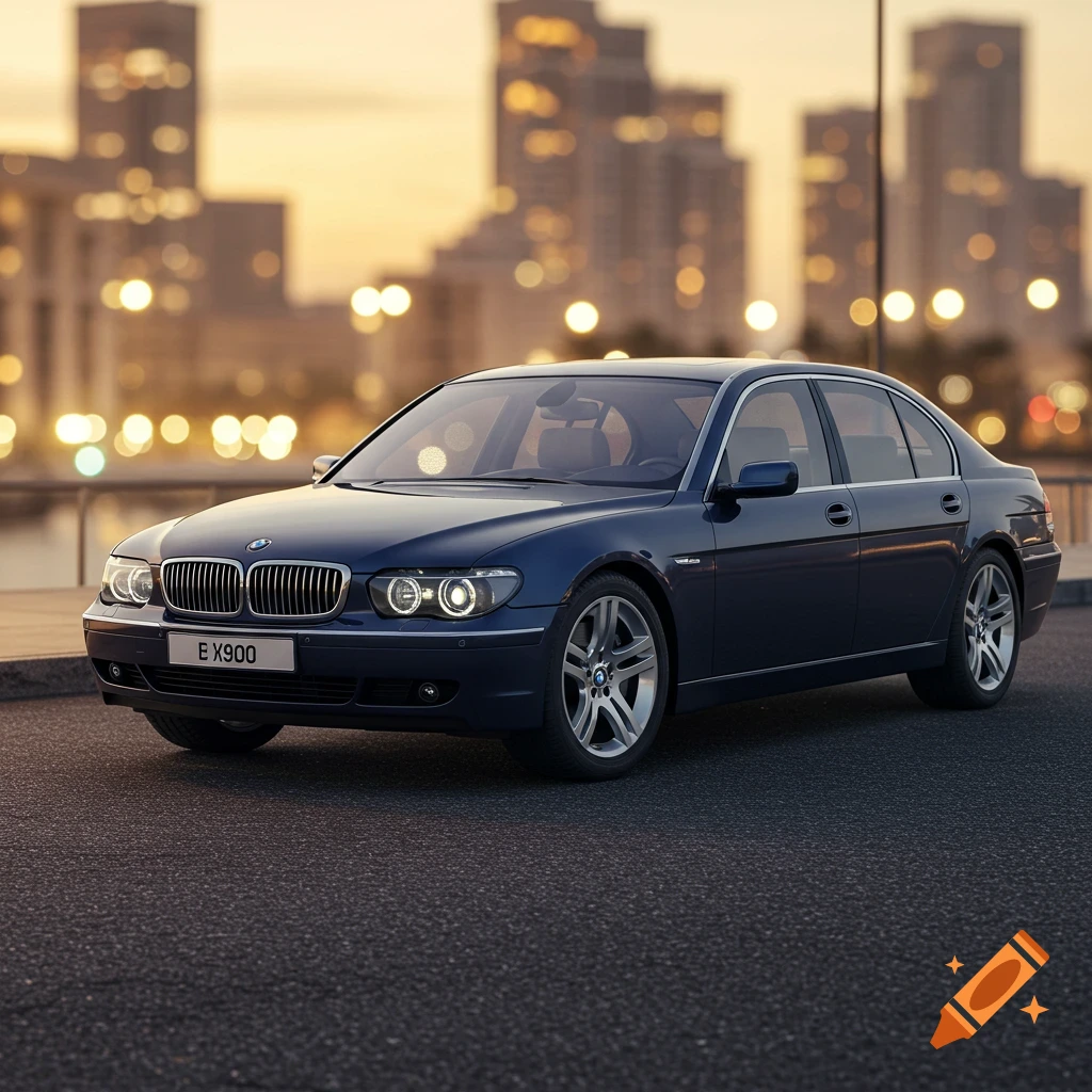 A dark blue BMW sedan parked on an asphalt road with a blurred city skyline at sunset in the background, photorealistic style.