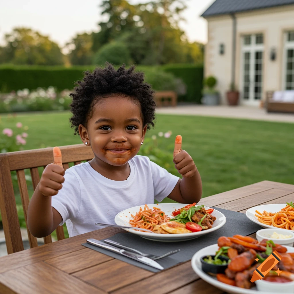 A smiling child with sauce on their face gives two thumbs up while sitting at a table with food in an outdoor garden setting.