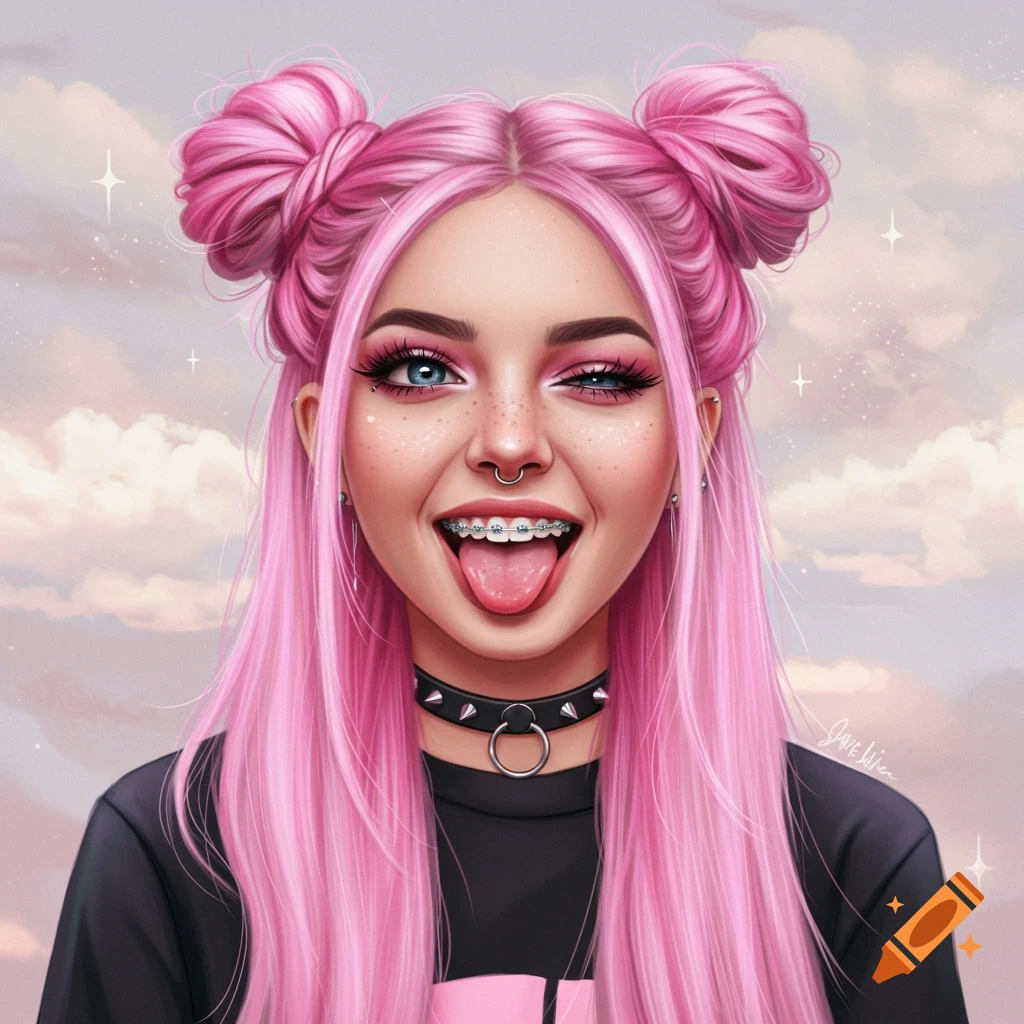 Stylized digital portrait of an e-girl with pink space buns, braces, and a choker, with her tongue out.
