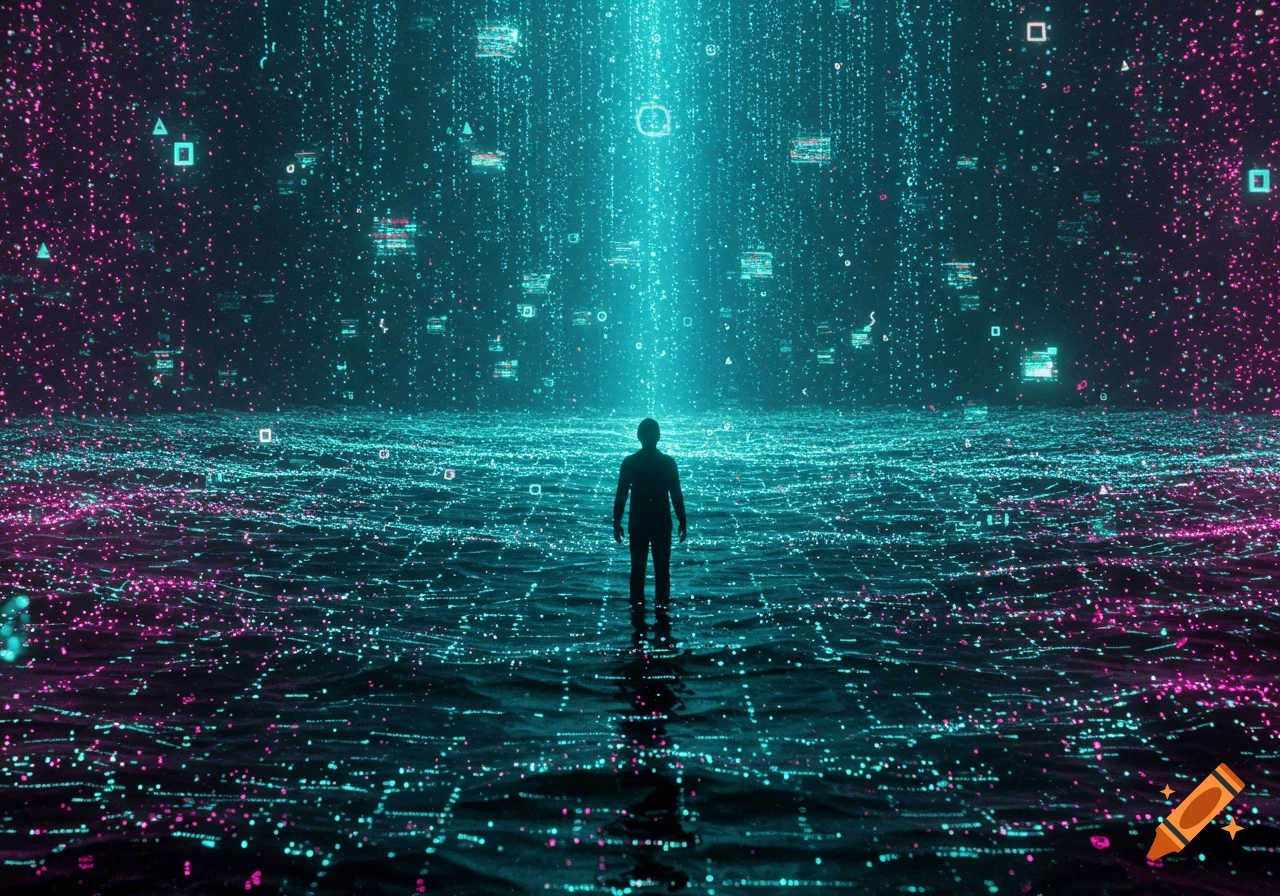 A lone figure stands in a vast, glowing cyan and magenta digital data ocean under falling code. Futuristic, abstract style.