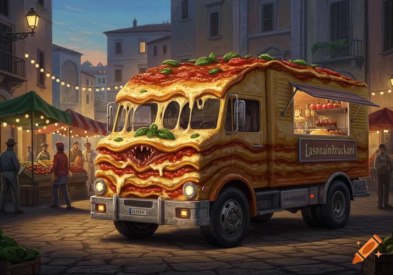 A monstrous lasagna food truck with a Godzilla-like face and melty cheese parked in a bustling Italian marketplace scene at dusk.