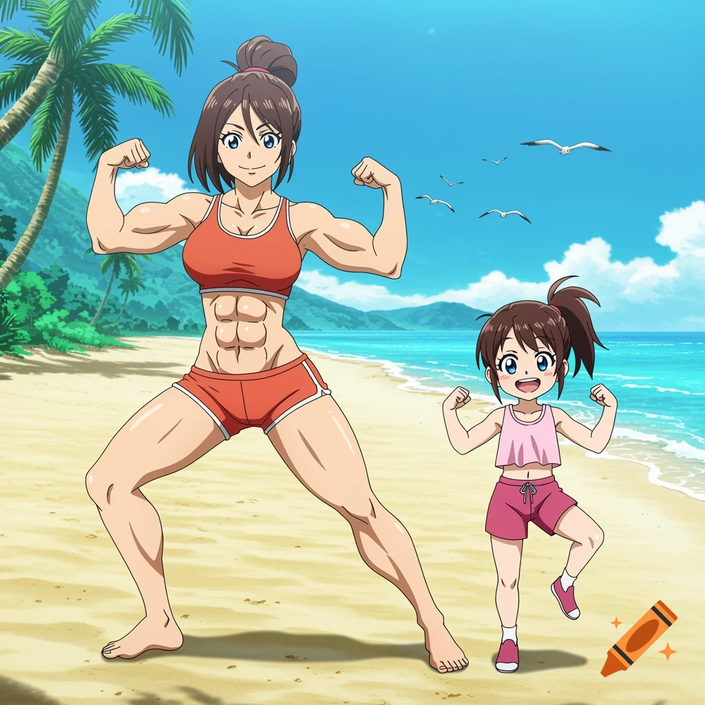 An anime style image of a muscular adult woman and a young girl flexing their arms on a tropical beach.
