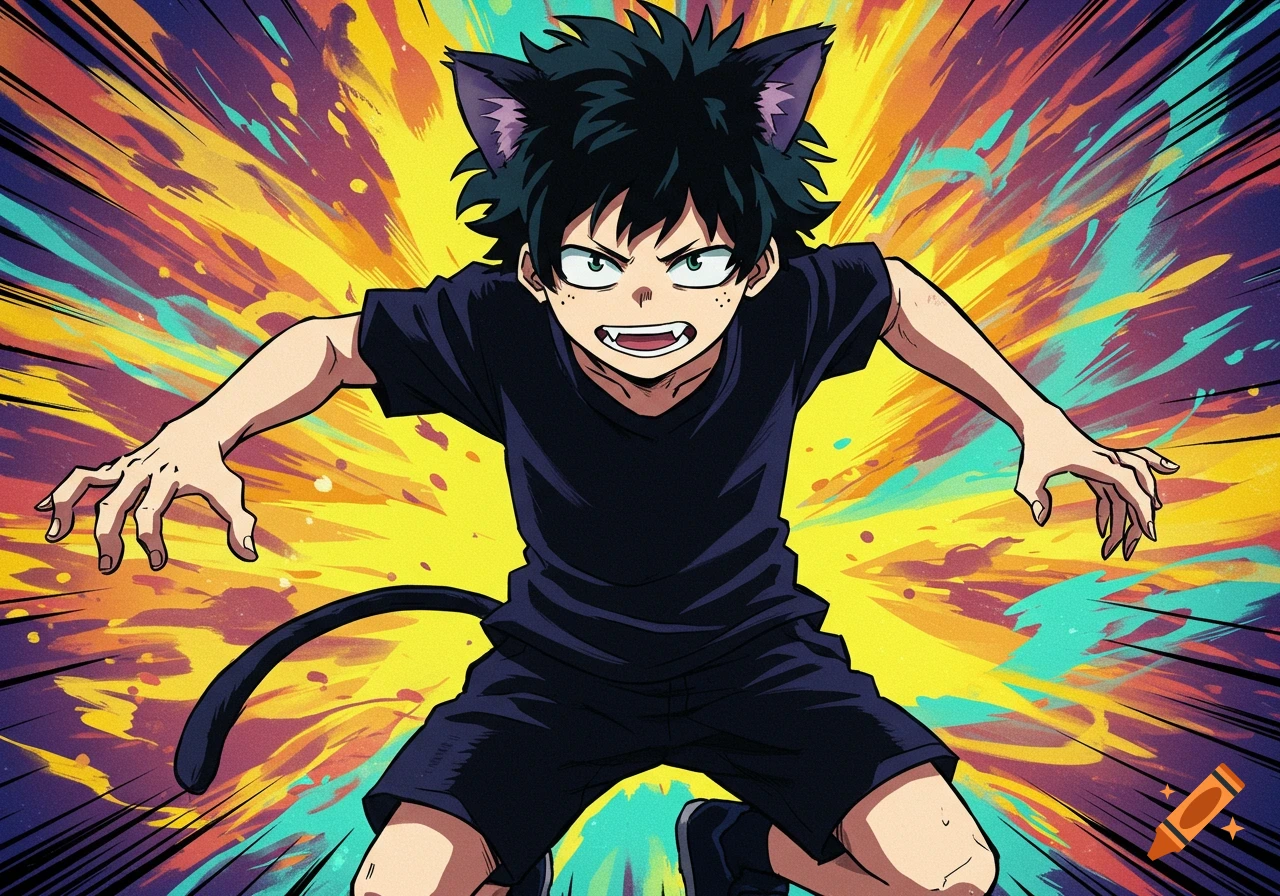 An anime boy with dark spiky hair, cat ears, sharp teeth, and a tail, wearing black, crouching intently against a colorful explosive background.