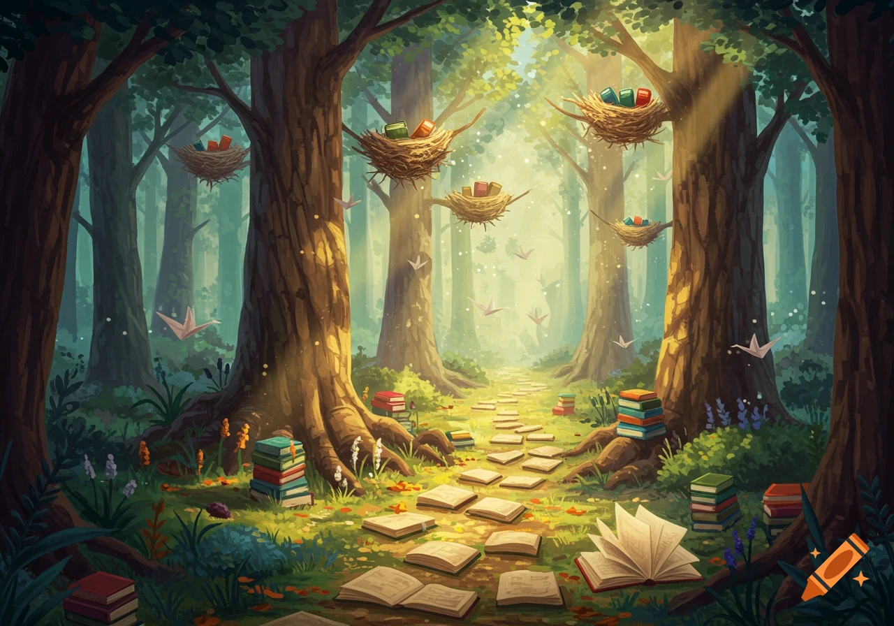 Whimsical illustration of a forest path made of open books, with stacks of books on the ground and in nests in trees, under sunbeams.