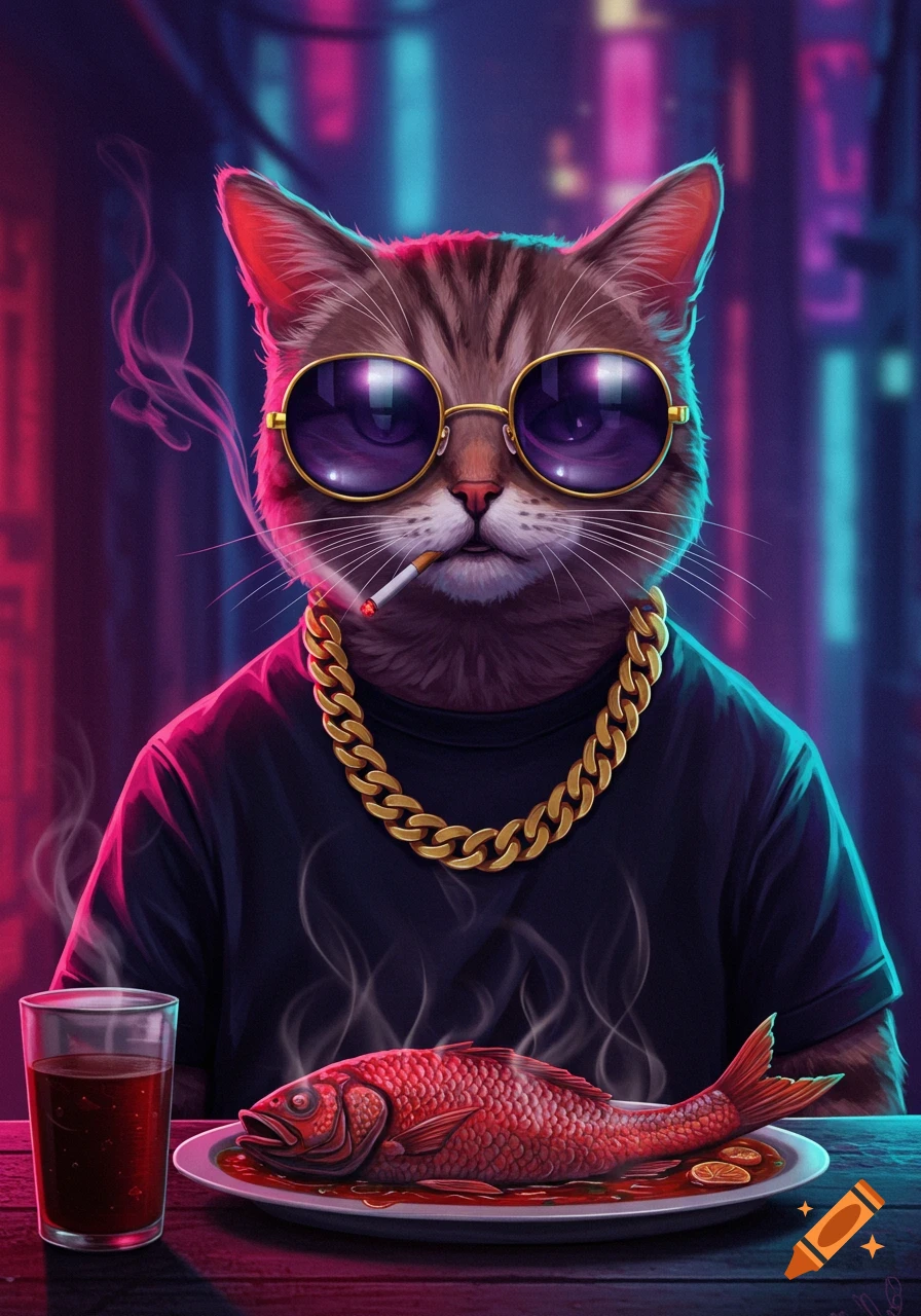 A cool tabby cat with purple sunglasses, a gold chain, and a cigarette sits at a table with a steaming red fish, set against a neon city background.