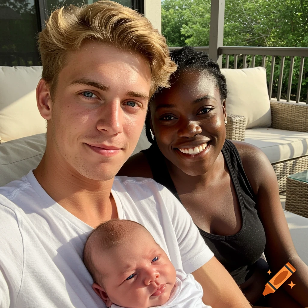 Selfie of a smiling man with blonde hair holding a newborn baby, next to a smiling woman, on a sunny patio.