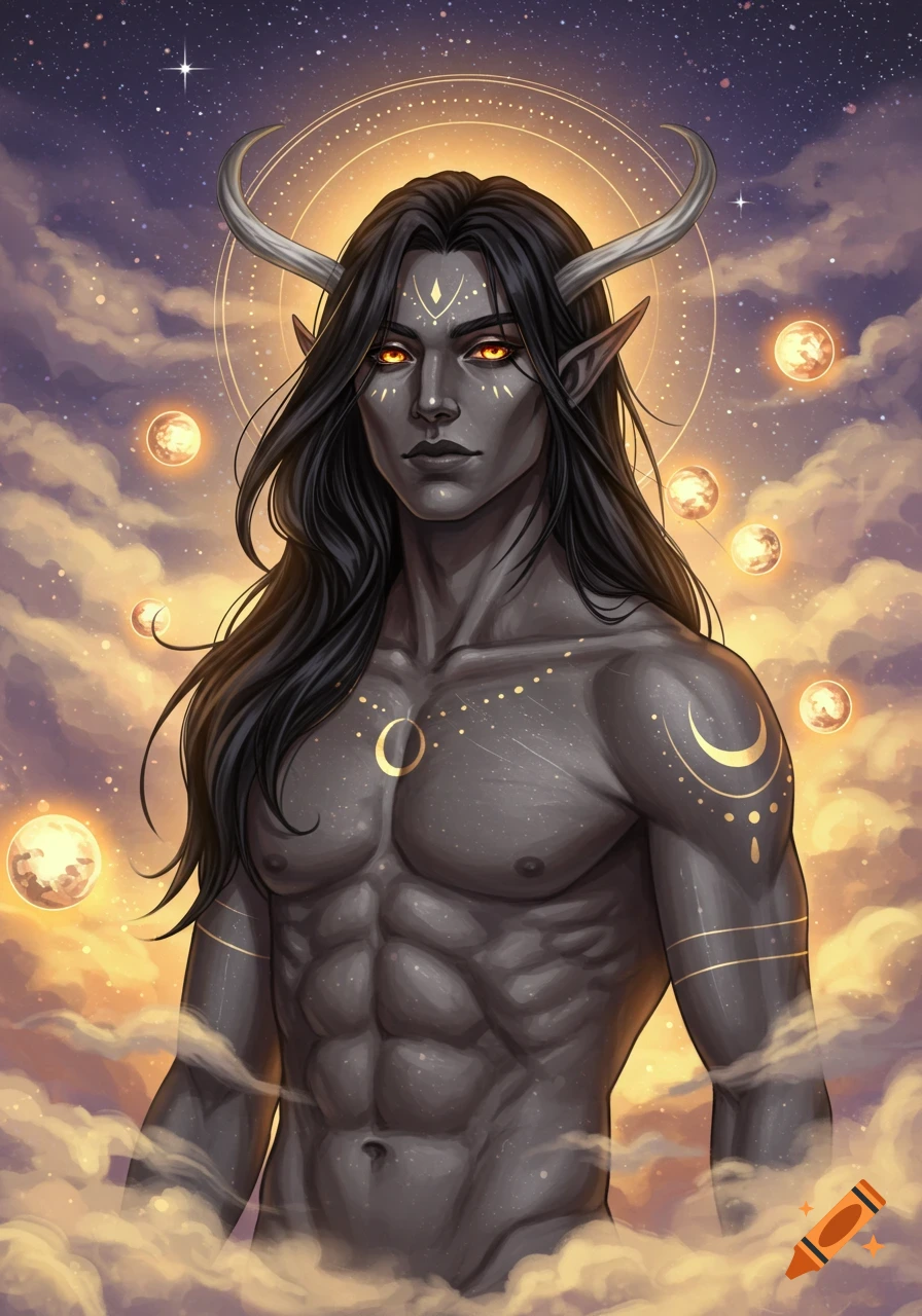 Powerful, dark-skinned fantasy male with horns, long black hair, glowing amber eyes, athletic build, celestial markings, amidst clouds and moons in a starry sky.