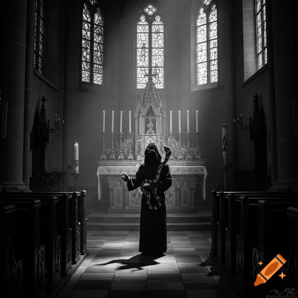 A dark, black and white image of a hooded figure holding a large snake in a shadowy gothic church.