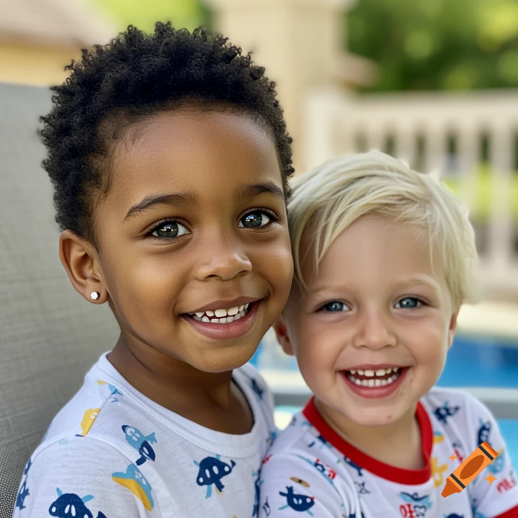 Two smiling young boys, one with dark curly hair and green eyes, the other with blonde hair and blue eyes, wearing pajamas outdoors.