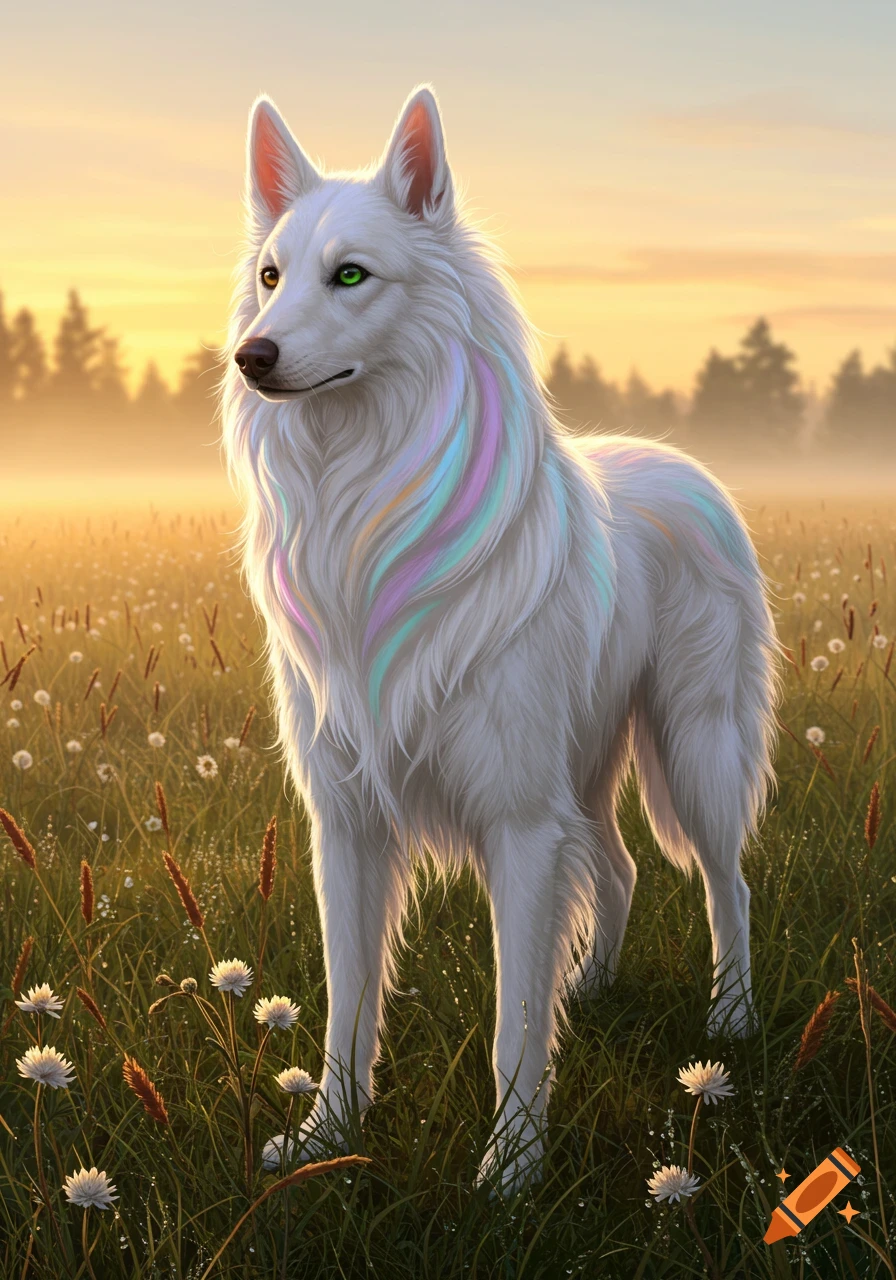 A majestic white dog with rainbow-streaked fur and heterochromatic eyes stands in a dew-kissed meadow at sunrise, photorealistic.
