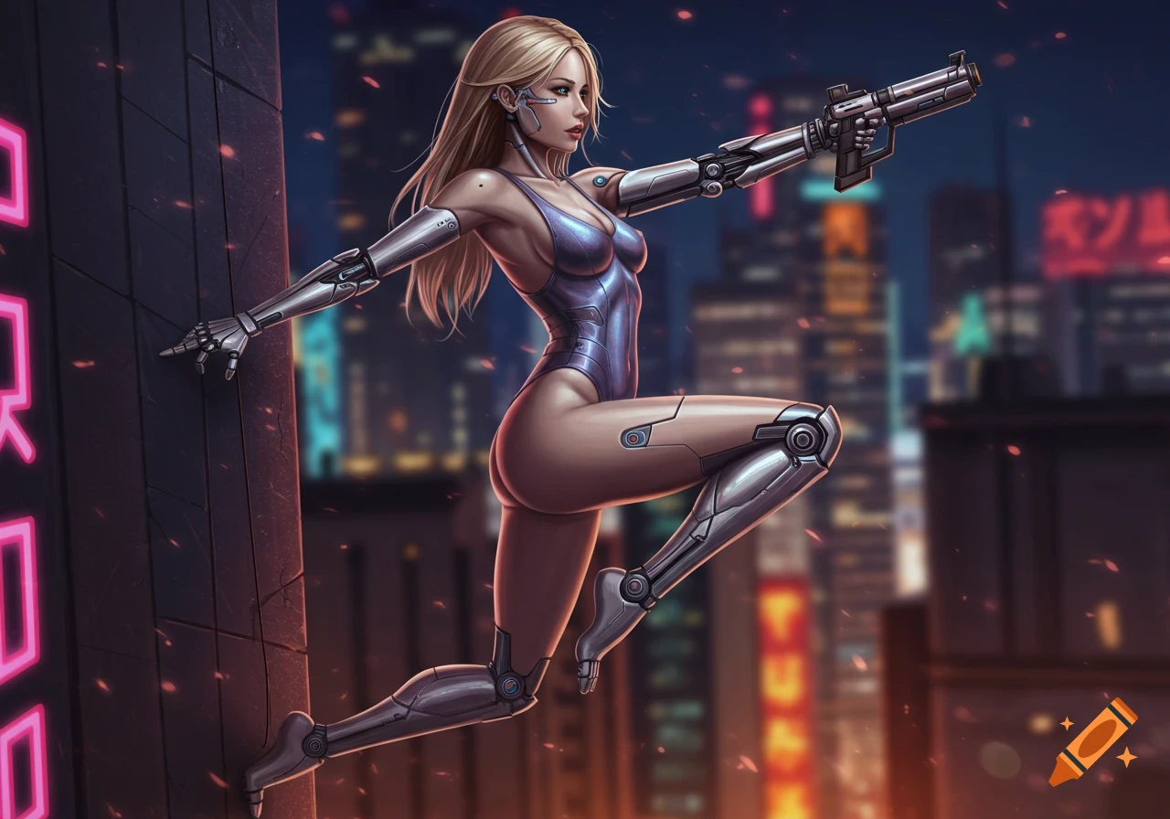 A cyborg woman in a metallic swimsuit hangs from a futuristic building at night, holding a gun, with a neon cityscape in the background.