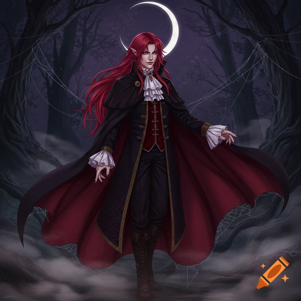 Anime-style vampire with long red hair in a black and red coat, standing in a misty, dark forest under a crescent moon with spiderwebs.
